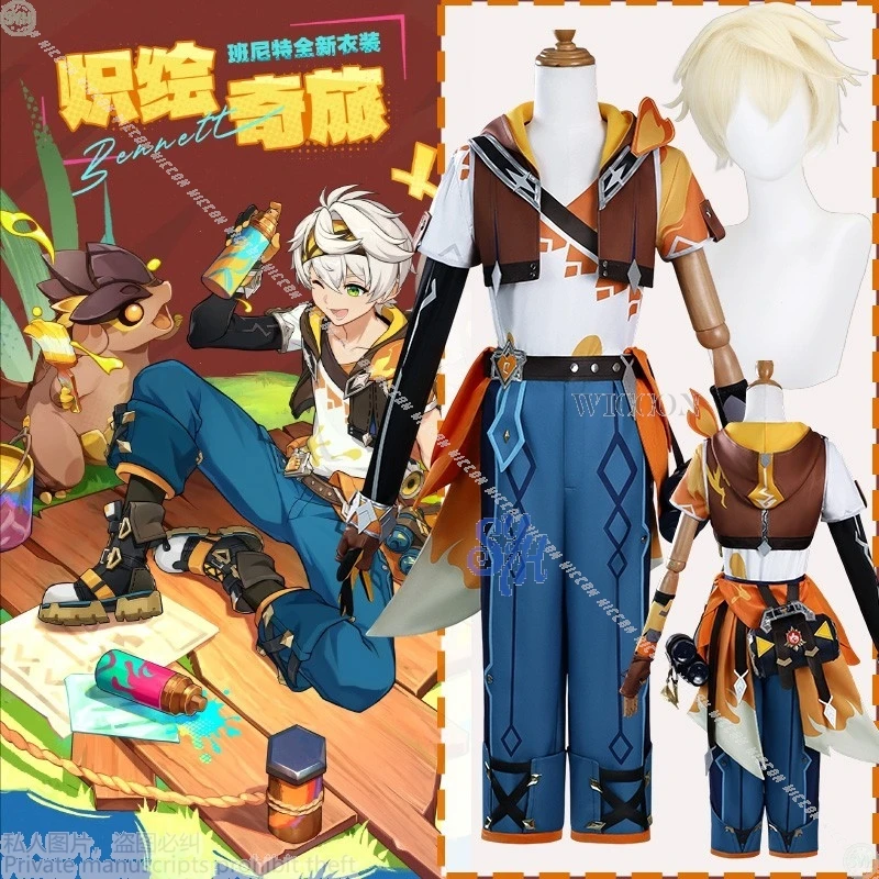 

Anime Genshin Impact Game Bennett Cosplay New 코스프레 Kawaii Orange Punk Coat Pants Uniform Wig Y2K Halloween Christmas Roleplay