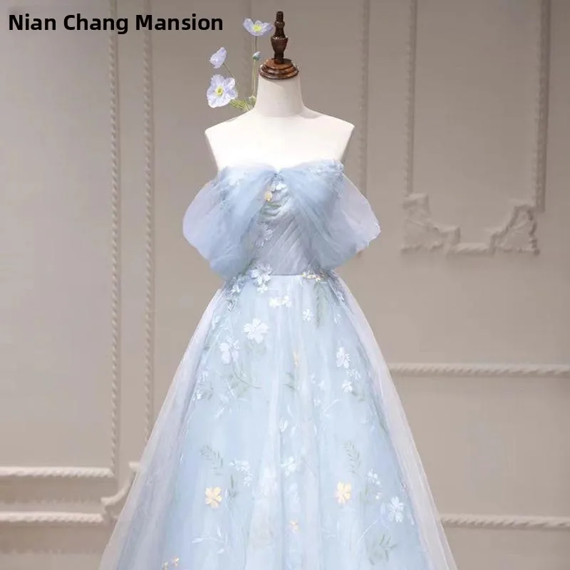 

Ele Blue Fairy T Вечернее платье на одно плечо для женщин Длинная юбка без свеча с цветочными деталями