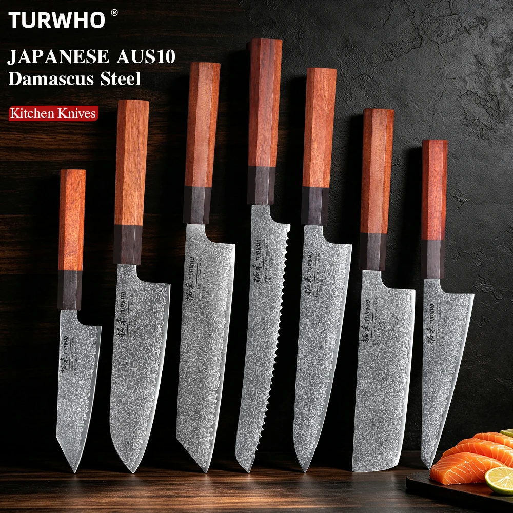 Faca de Chef Japonesa Forjada à Mão TURWHO em Aço Damasco, Facas de Cozinha Santoku, Sashimi, Pão, Utilitárias, Lâmina Artesanal, Ferramentas de Culinária