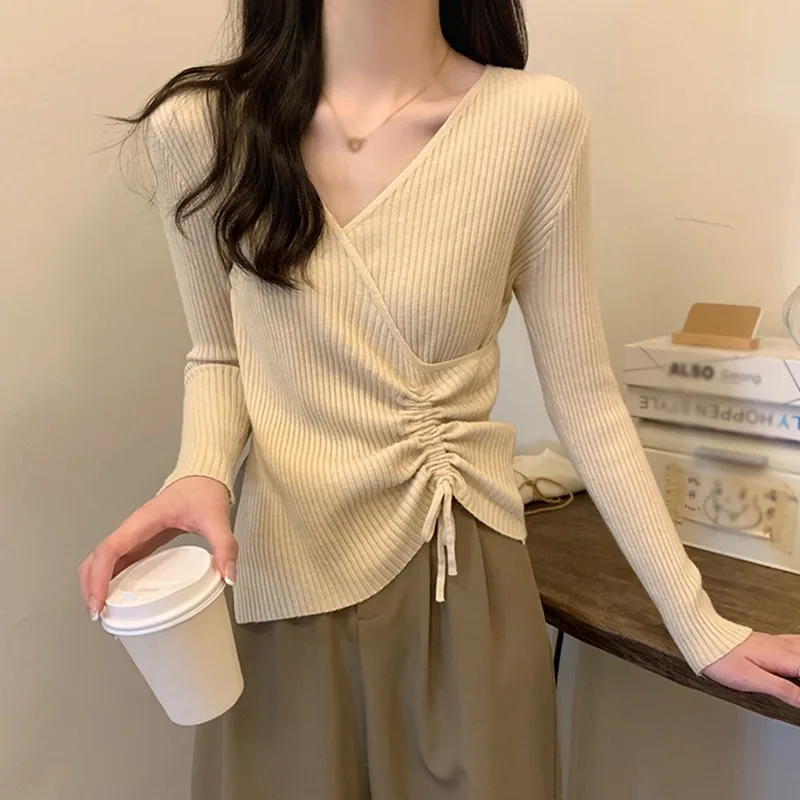 Wrinkle Drawstring Irregular Knit Sweater V-Neck Slimming Slit Versatile Solid Color Sweaters