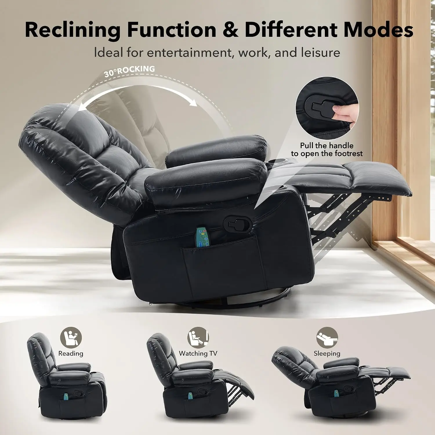 Oversized Recliner Chair, Massage Chair, 360 Swivel, Heat, USB,350 LB Capacity, 8-Point Vibration, Lumbar Heat, 145° Recline, 2 Cup Holders, USB Port, Side Pocket And Retractable Footrest
