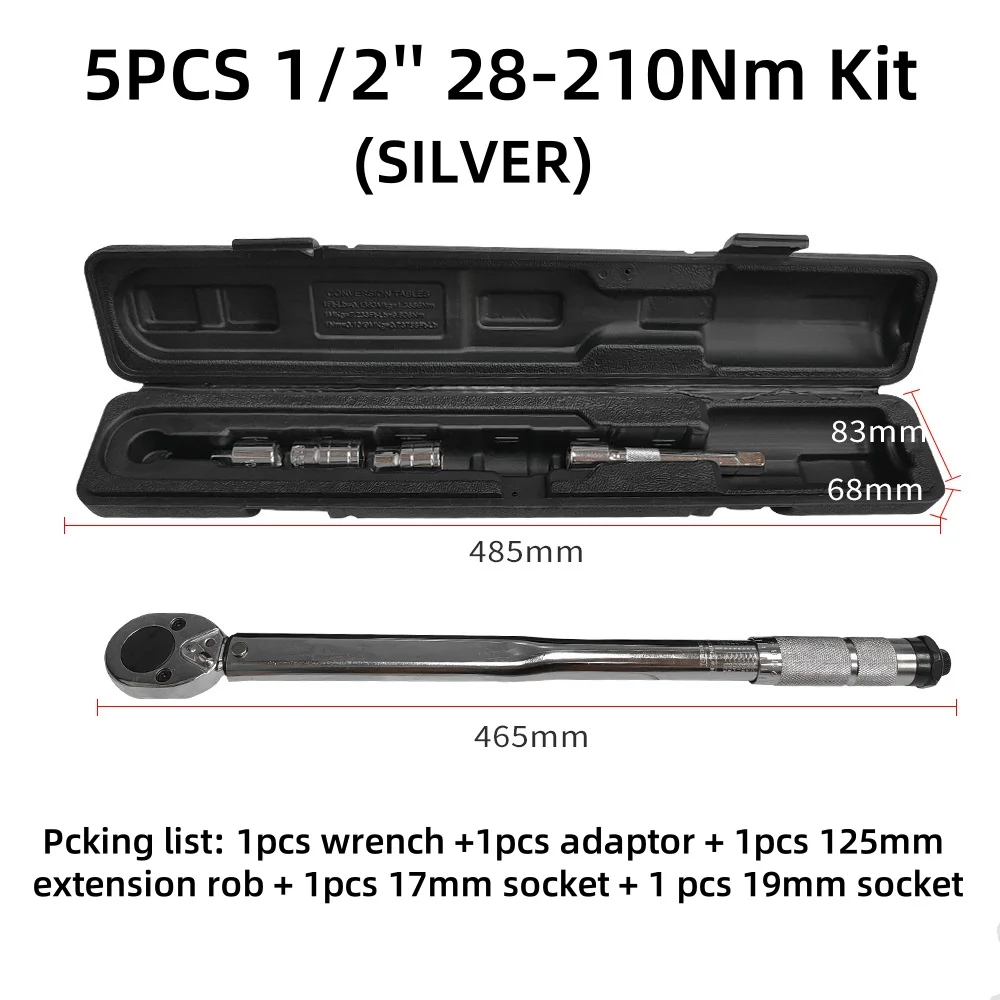 

1/2-Inch 28-210N.m. Drive Click Torque Wrench Car Repair 5pcs Torque Wrench Kit Precise Ratchet Wrench Repair Spanner