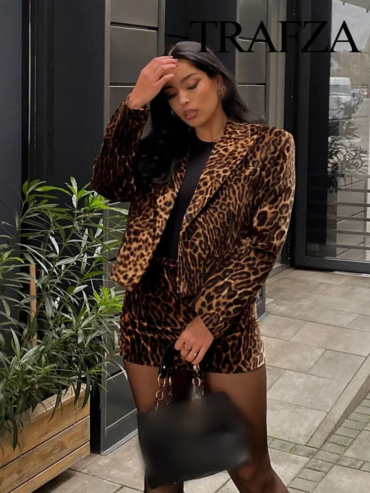 TRAFZA Women Skirt Suit Leopard Print Lapel Pocket Decorate Short Coat+Elegant Casual High Waist Side Zipper Mini Skirt Mujer