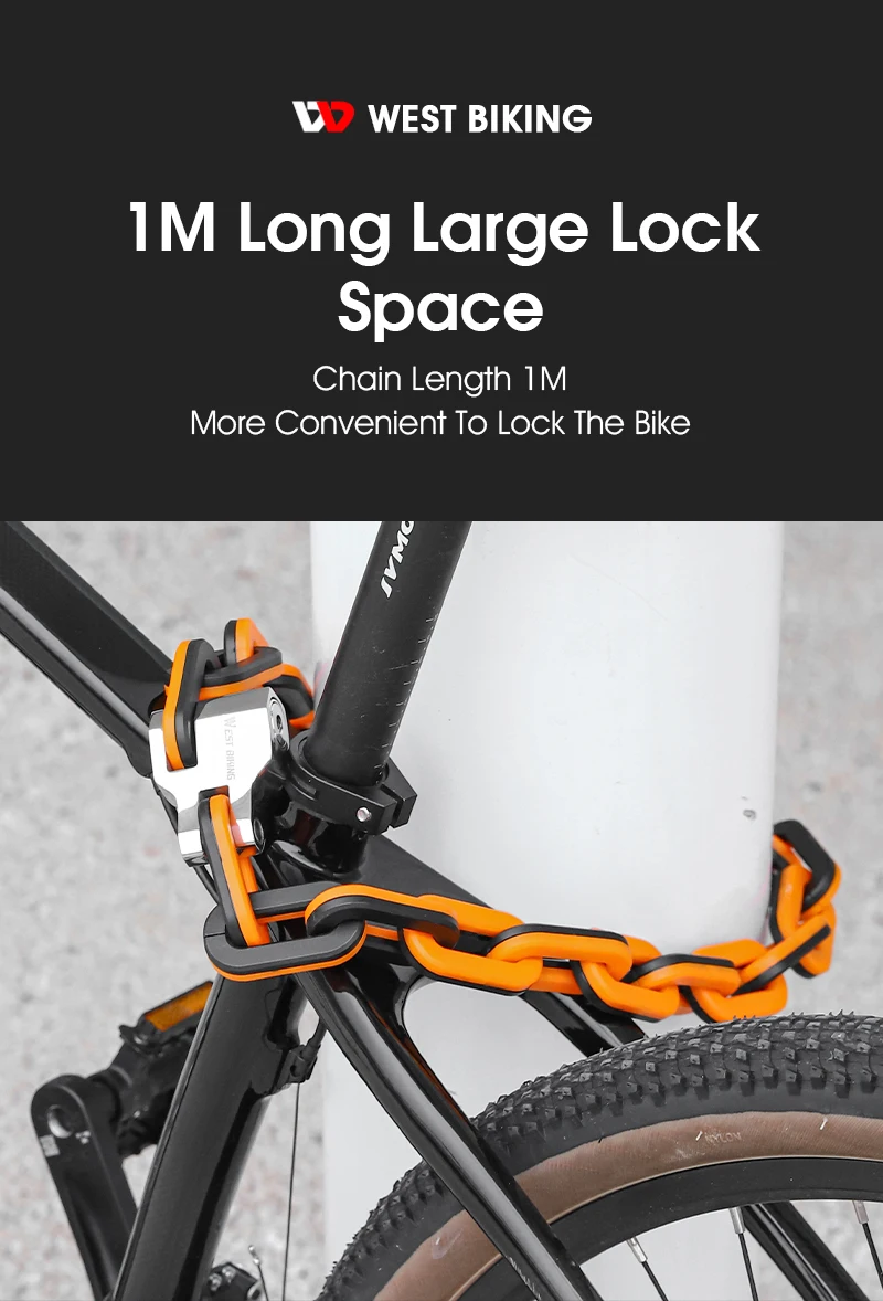 WEST BIKING Bicycle Lock MTB Road Bike Heavy Duty Safety Anti-Theft Chain Lock for Motorcycle Lengthen Thicken Chain Anti-Rust