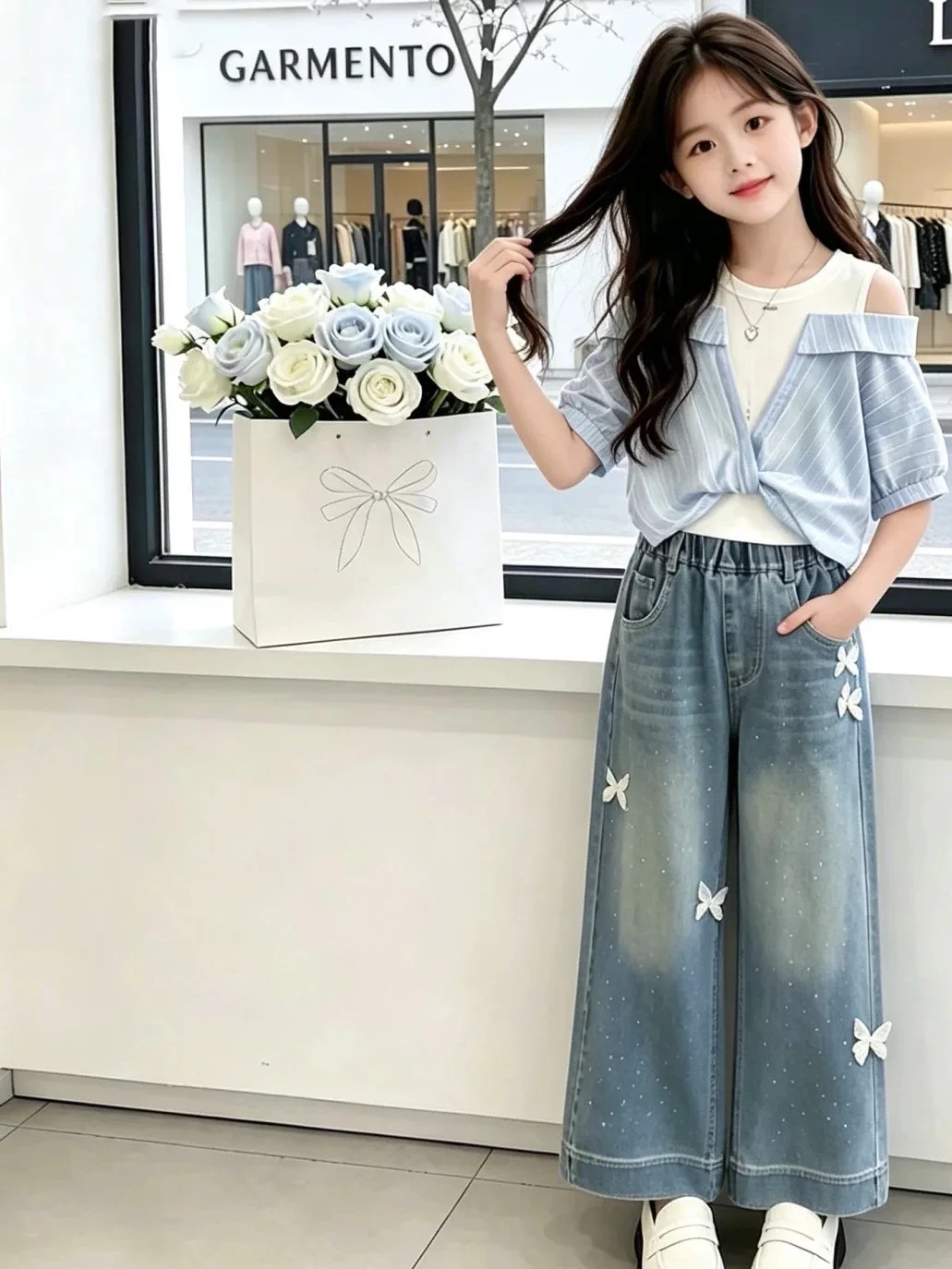 Girls' Autumn Denim Set Shoulder Bared Trendy Wide Leg Pants Two Piece Suite New 2026 Online Exclusive Casual Sportswear