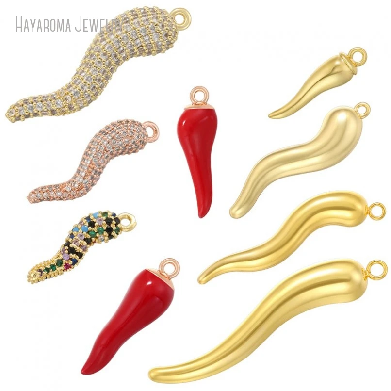 12Pcs Gold Color Wholesale Enamel Copper Geometric Italian Horn Pepper Chili Jewelry Invisible Setting Pendant PM54284