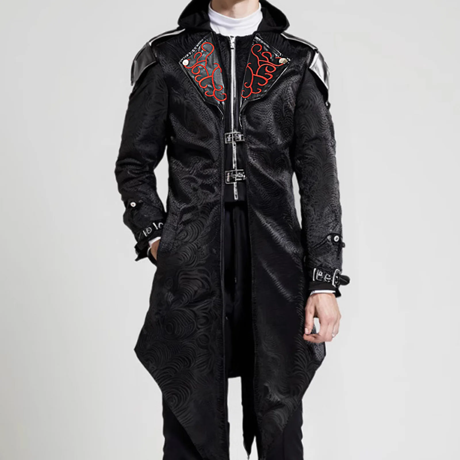 

Mens Medieval Tailcoat Steampunk Vintage Patchwork Hooded Trench Coat Gothic Jacket Halloween Costume