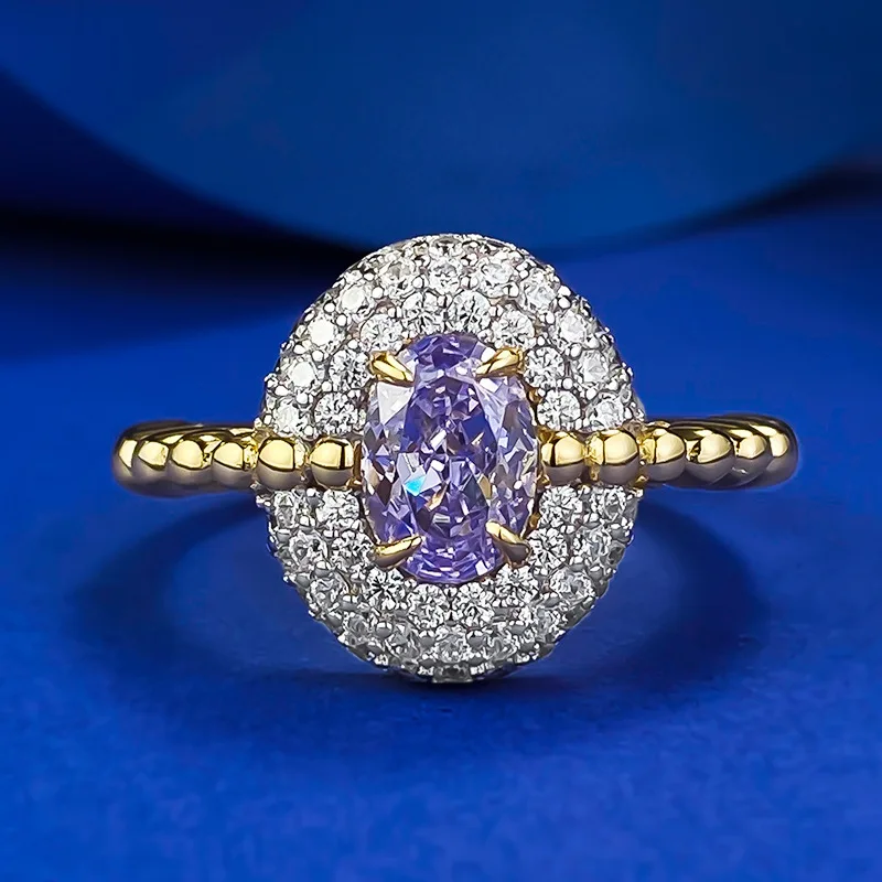 S925 Gold Plated 7X5mm Purple Diamond Ice Cut S925 Silver Ring