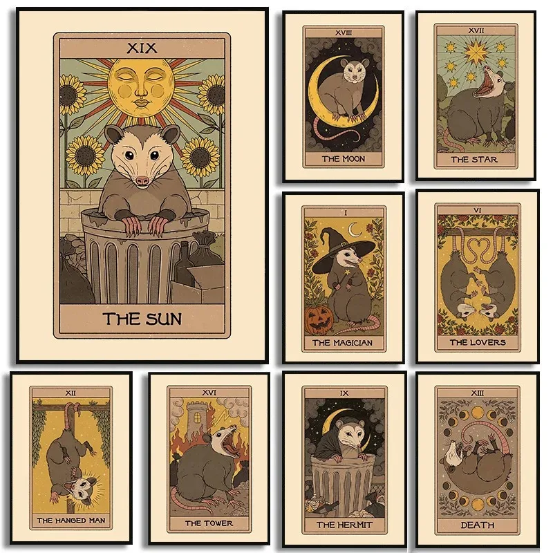 Affiche vintage bohème avec cartes de tarot Possum, soleil, lune et étoiles, peinture sur toile, art mural, décorations pour la maison, cadeau