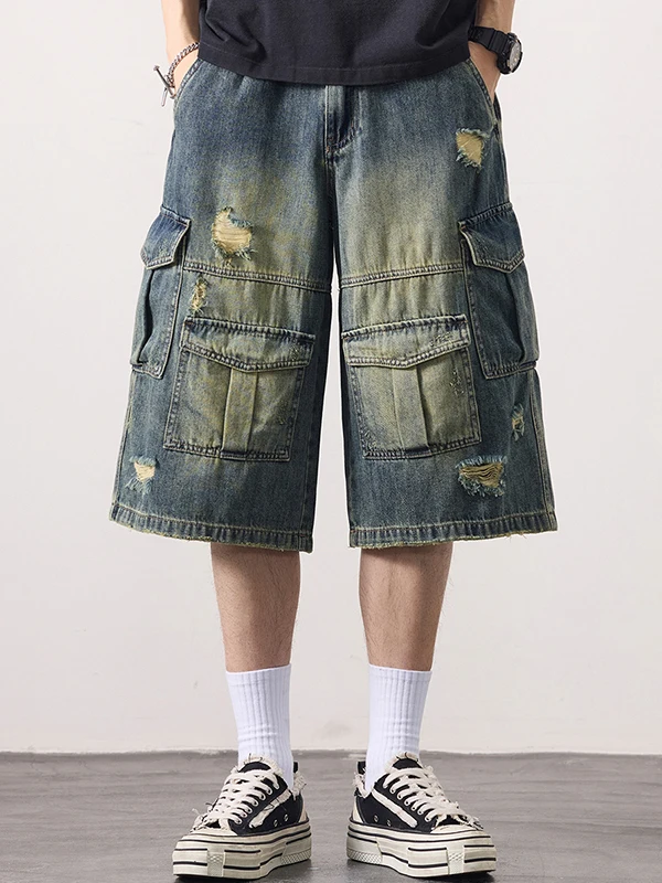 

Retro American Waed Denim orts for Men with Cuffs Multiple kets Loose Straight Leg Workwear Wide Leg Seven-Foot Pants