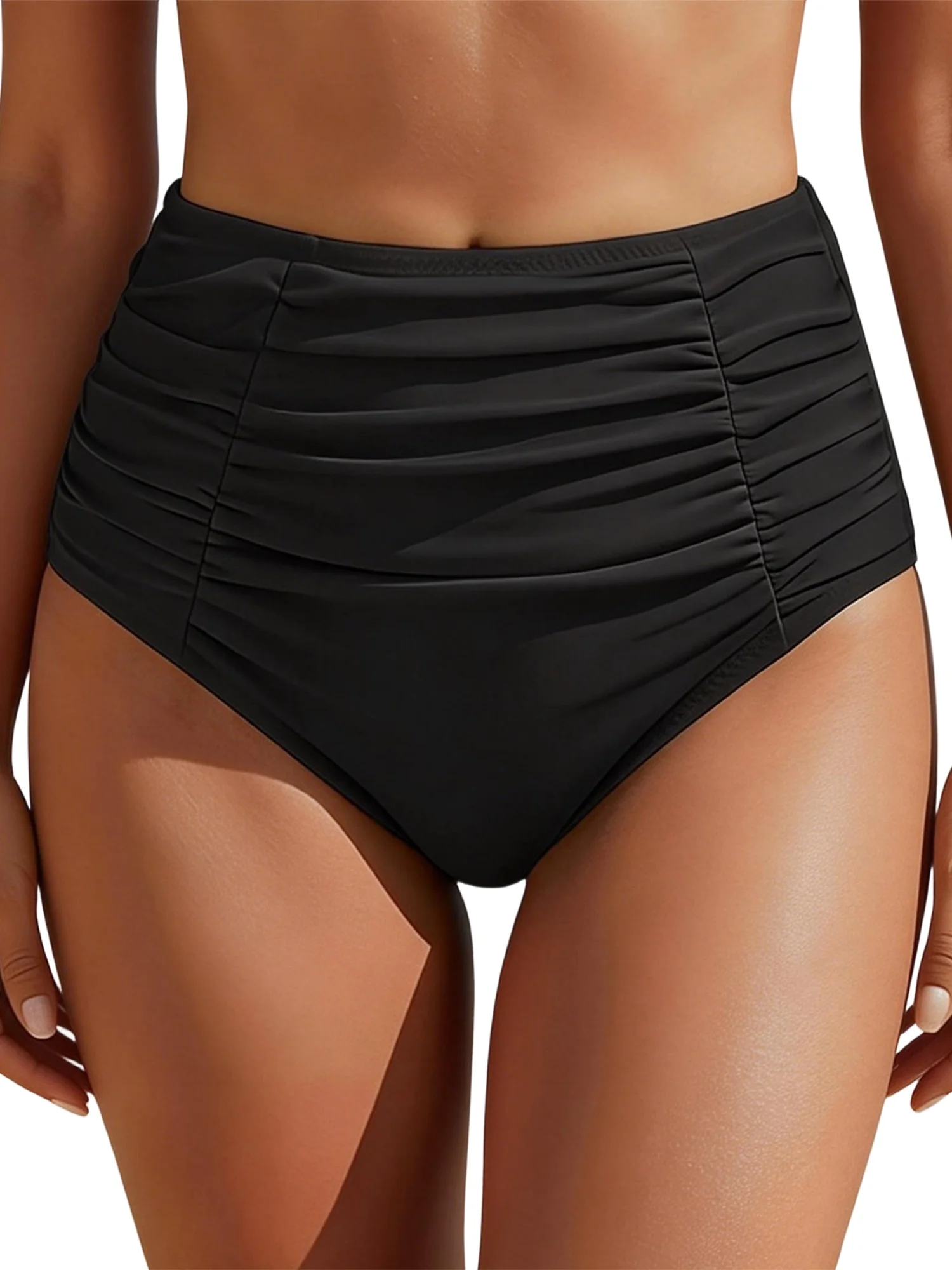 Women High Waisted Bikini Bottoms Tummy Control Swim Shorts Solid Color Ruched Full Coverage Swimwear