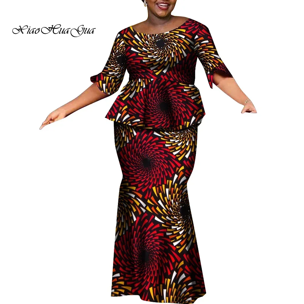 Women Fashion Skirts Set African Clothes O-neck Half Sleeve Dashiki Blouse Tops and Skirts Long Dress African Outfit WY9694