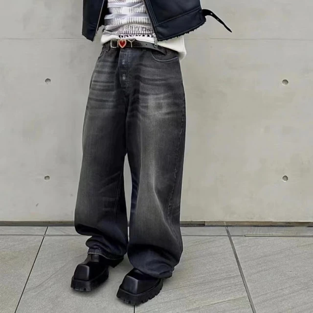 Harajuku Large Baggy Wax Shiny Fried Salt Scan Jeans for Men 
