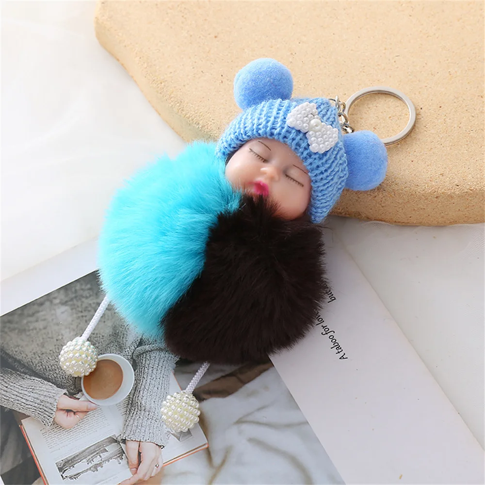 Plush Sleeping Baby Keychain Ring Fluffy Fur Pompon Pearl Trinket Key Chain Charm Cute Key Ring On Bag Car Key Pendant