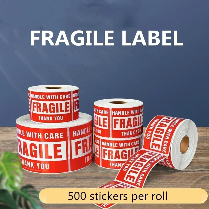 English Fragile Label Stickers Square Red Roll Warning Self Adhesive Paper Logistics Transportation Outer Packaging Stickers