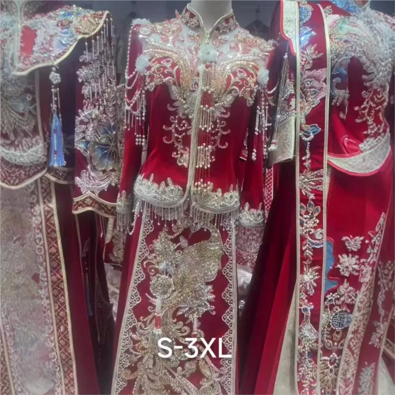 

New heavy-duty stand-up collar phoenix crown and red wedding dress for Chinese