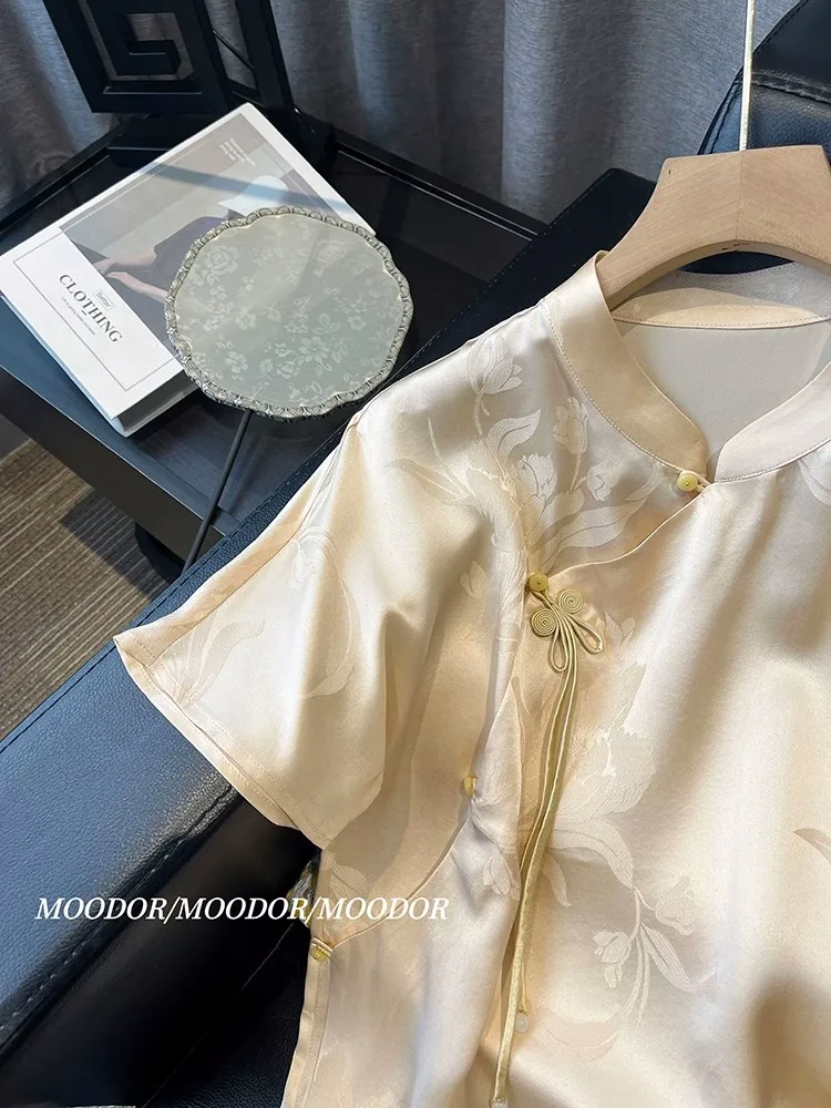 새틴 실크 자카드 레트로 셔츠 여성 짧은 소매 꽃 프린트 블라우스 중국 스타일 빈티지 루즈 탑 여름 새로운 패션