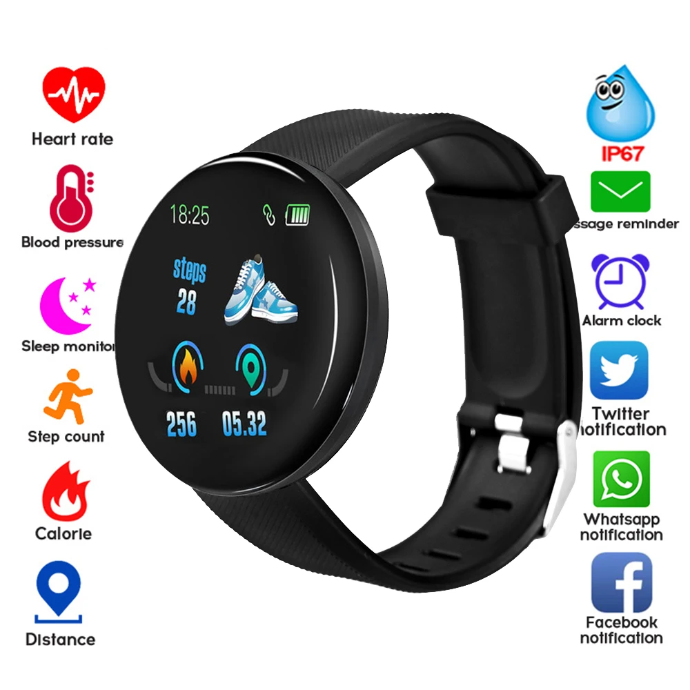 

D18 Round Bluetooth Smart Watch Men Women Blood Pressure Heart Rate Monitor Waterproof Sport Fitness Tracker Smartwatch 2024