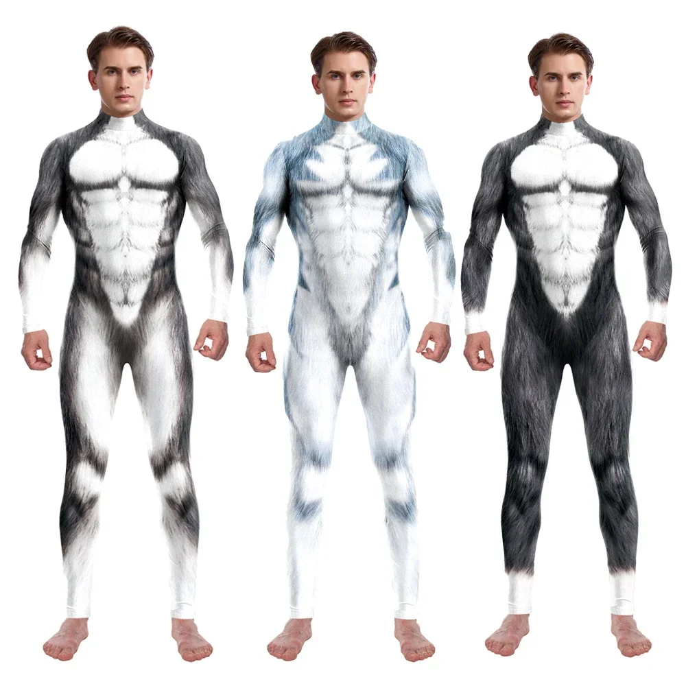 Funny Animal Husky Fox Wolf Printed Cosplay Costume 3D Zentai Suits Halloween Party Jumpsuit for Adult Male Bodysuits Outfits
