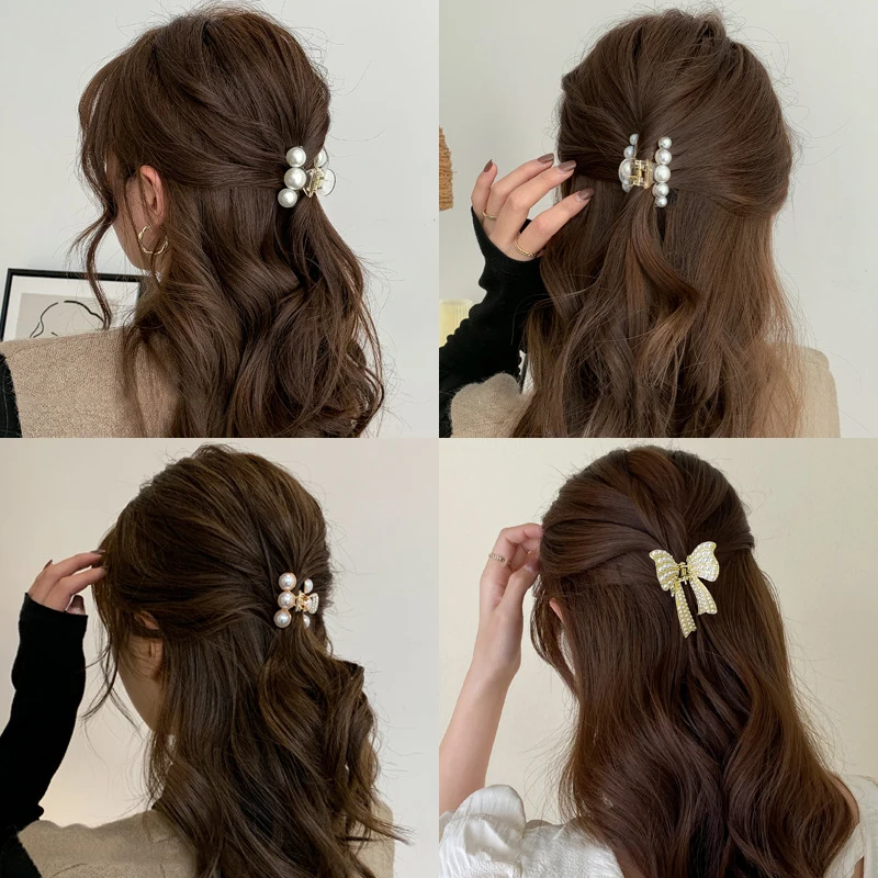 Women's Alloy Pearl Hairpin New Pearl Grab Clip Half-hair Hairpin Retro Pearl Crab Claw Clip Small Rhinestone Mini Hairpin