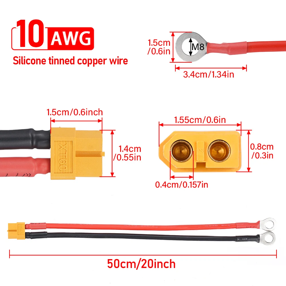 Conector de Terminal de ojal de anillo redondo, Cable de 10AWG, cargador de alimentación lateral para batería Lipo Rc Fpv Racing, Xt60 a M8, 50cm