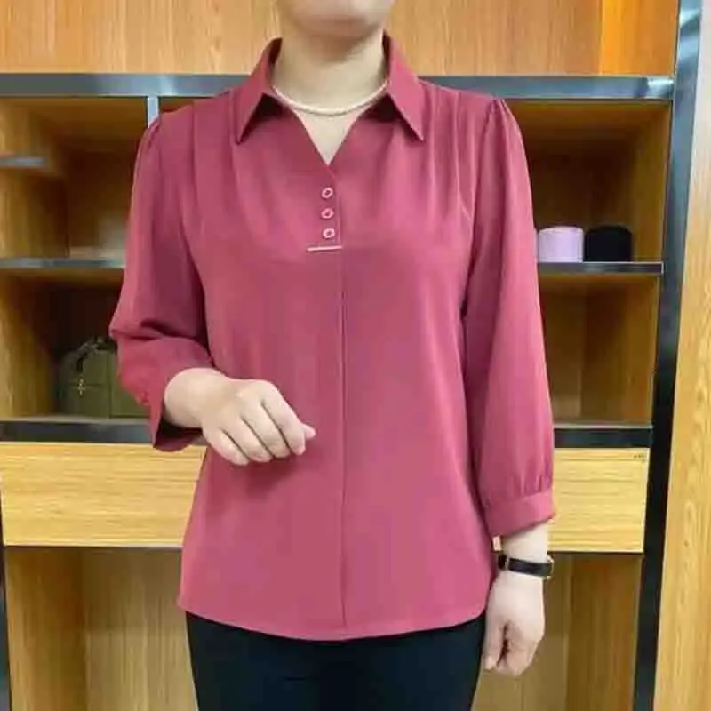 Middle Aged And Elderly Summer Fashion Loose Fitting Cardigan Blouse Young Mom New Solid Color Nine Points Sleeve Shirt Tops