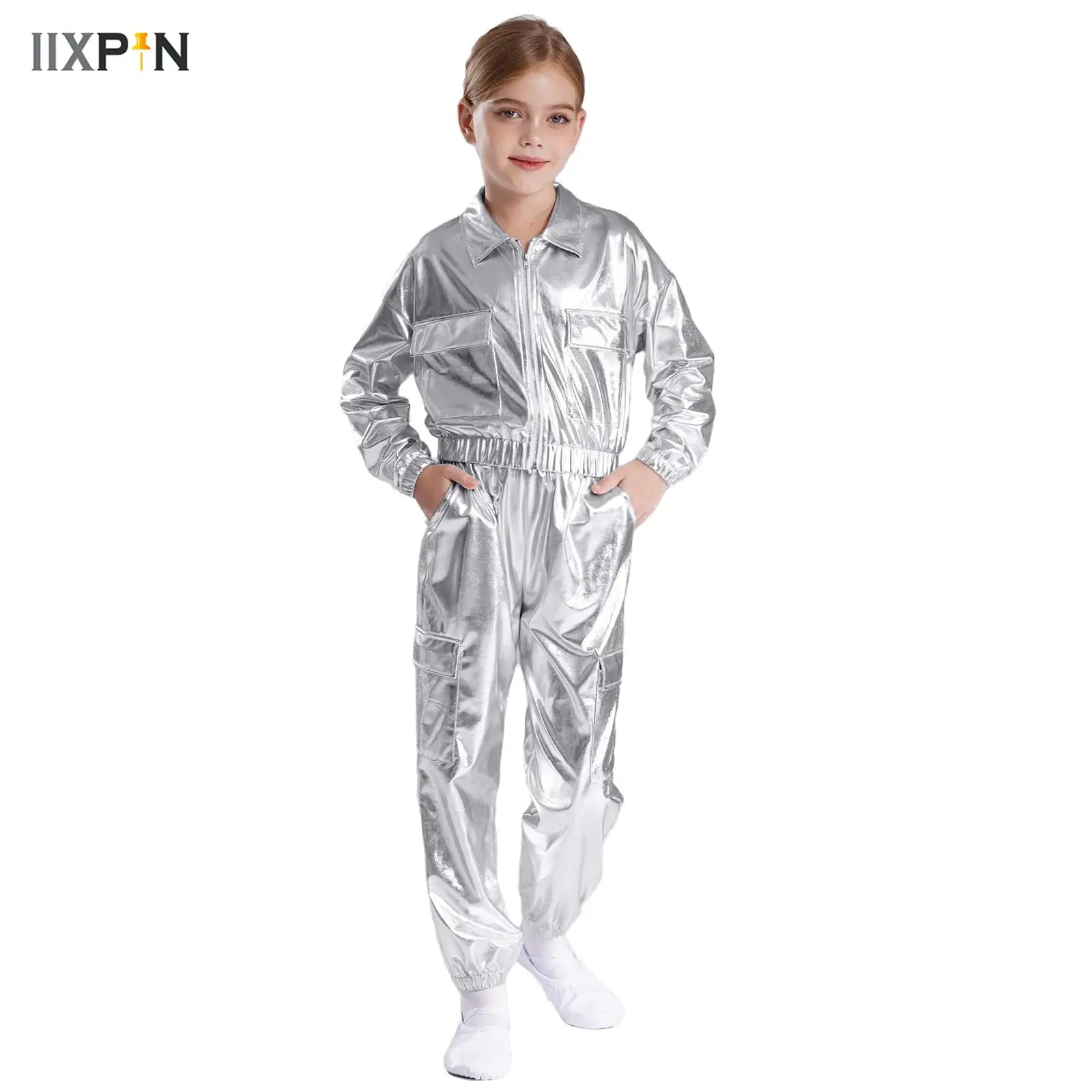 Kids Boys Girls Hip-Hop Dance Costumes Suit Fashion Streetwear Long Sleeve Turn-Down Collar Metallic Jacket Coat Outwear+Pants