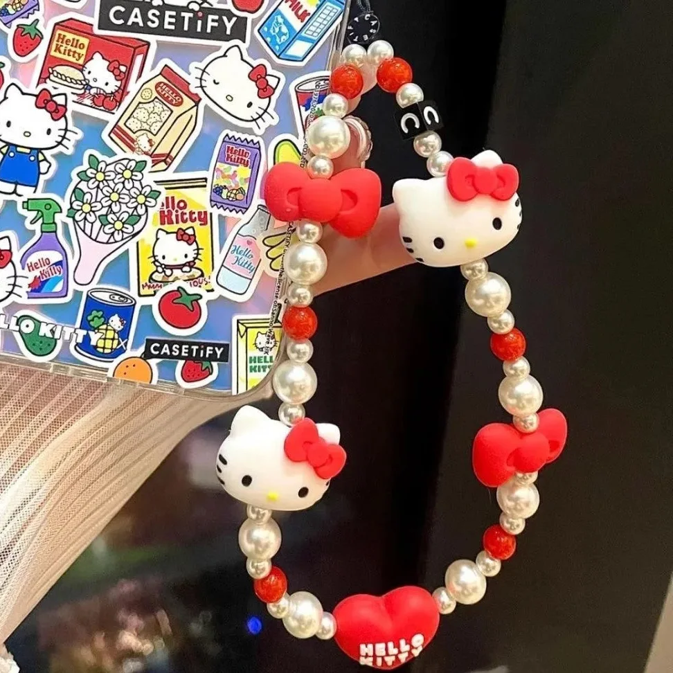 Kawaii Hello Kitty Phone Chain Keychain Y2K Hello Kitty Accessories Things Chain Anti-Lost Lanyard Key Short Wrist Rope Jewelry