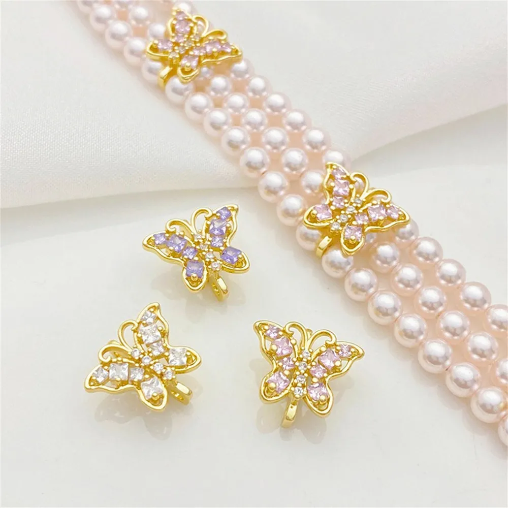 

14K Bag Gold Color Zirconium Butterfly Three-hole Bead Spacer Handmade DIY String Bracelet Necklace Jewelry Material Accessories