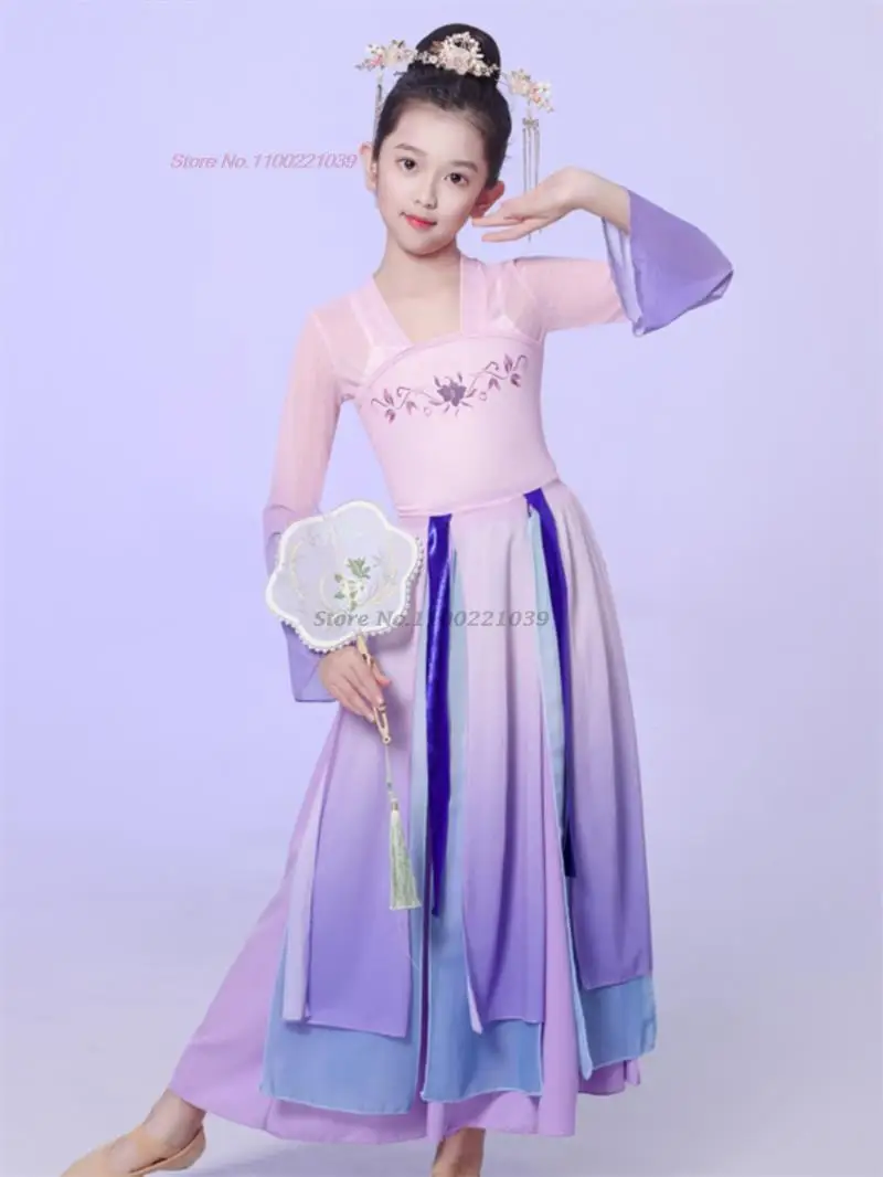 Strój do tańca ludowego dla dzieci chińskich z 2025 roku, elegancki szyfonowy hanfu, zestaw top + spódnica, vintage sukienka wróżki, strój do tańca scenicznego