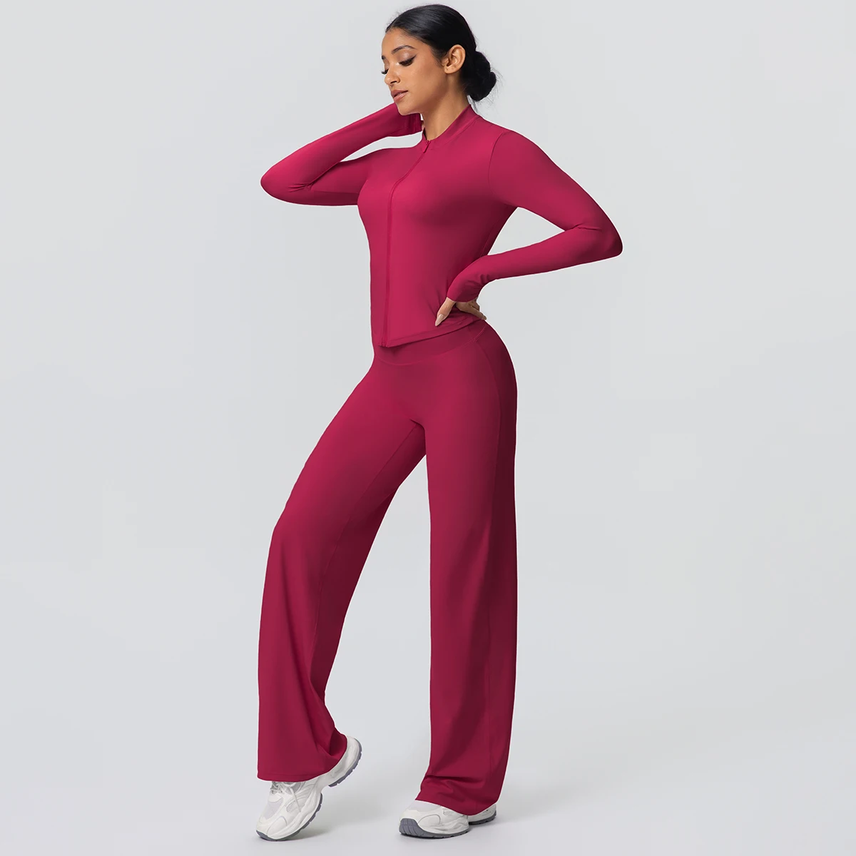 2 stück Schnell Trocknend Sport Fitness Kleidung Yoga Set Frauen Yoga Zipper Lange Ärmel Hohe Taille Atmungsaktive Breite Bein Hosen set – Detail 37