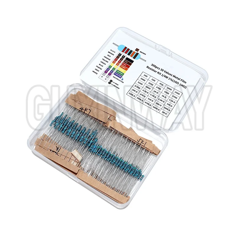 300/600 قطعة 1/4 واط طقم مقاوم من غشاء معدني 1% 30 قيم 0.25 واط مجموعة المقاومات 10Ω ~ 1MΩ طقم إلكتروني لمقاومة الحلقة الملونة #4