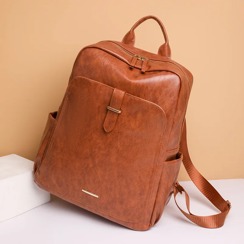 Mochila de Couro Macio para Mulheres Grande Capacidade Impermeável Casual Ipad Móvel Simples Retrô Moda Novo 2023