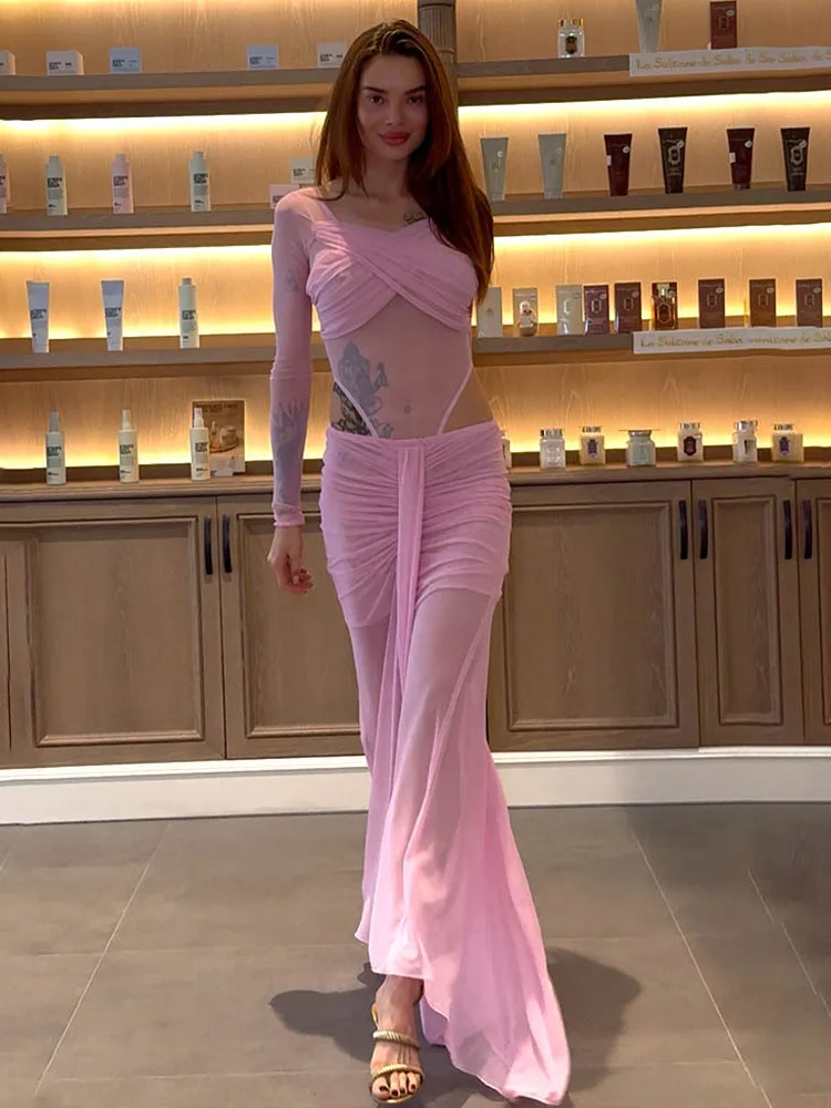 Women's Criss-Cross Sheer Gauze Maxi Skirt Set Cut Out Sexy Tight See-through Mesh Bodysuit Top 2 Piece Outfit Partywear