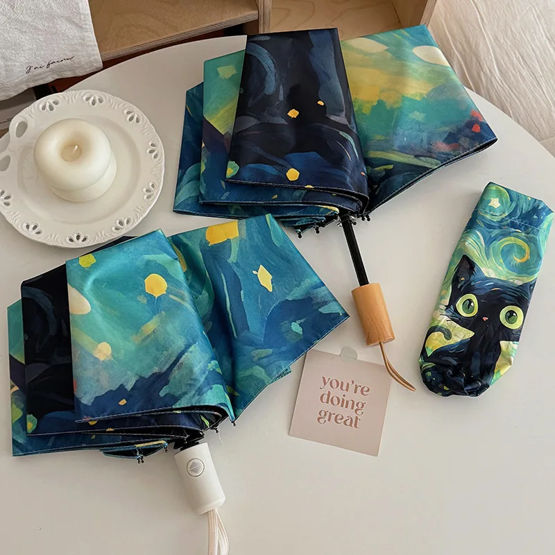 Summer Green Starry Sky Cartoon Cat Automatic Sunshade Folding Portable Umbrella Sunscreen Uv Protection Exquisite Trendy Gift - view 3