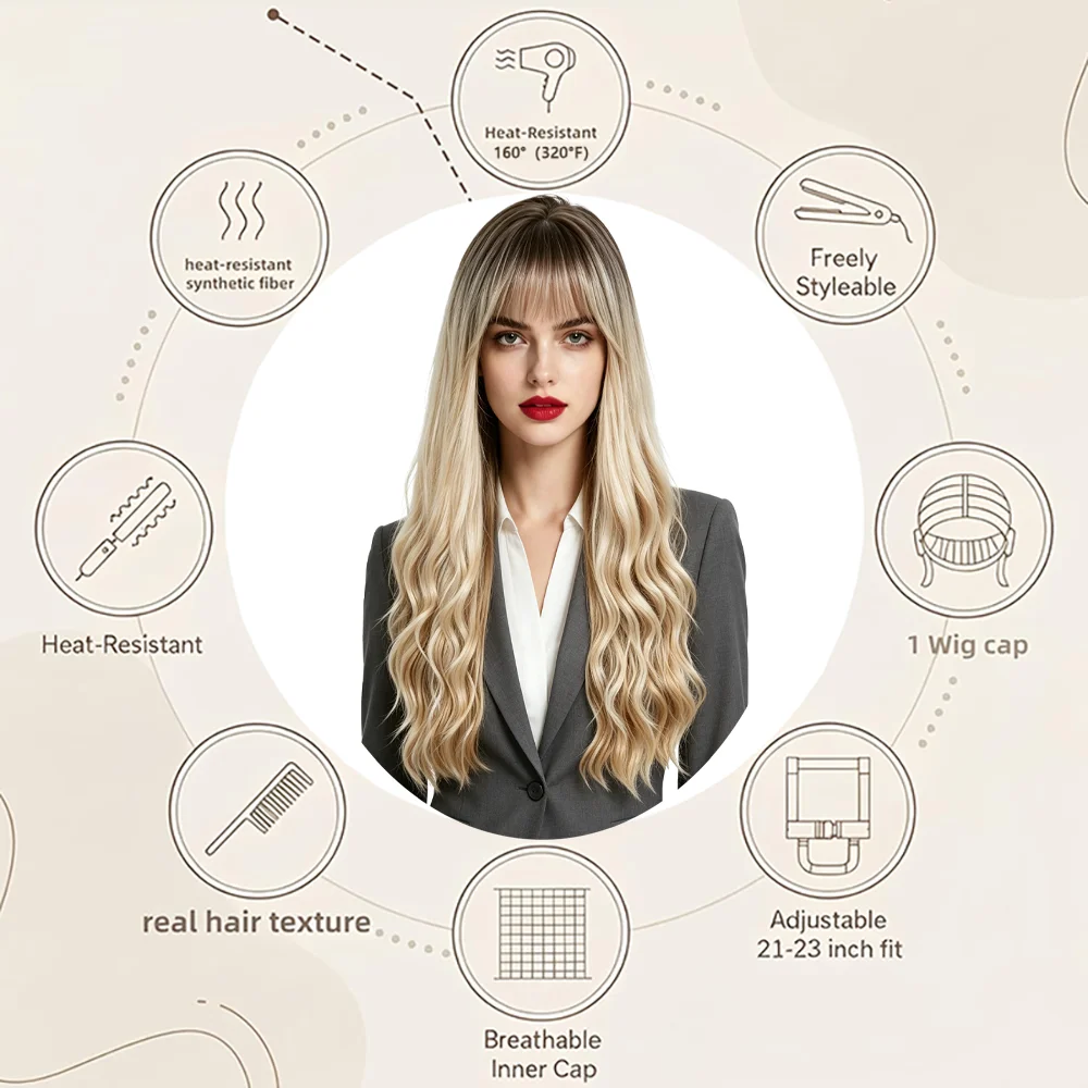 

Women's Ombre Blonde 28 Inch Long Curly Wavy Wig with Bangs Fluffy Heat Resistant Synthetic Natural Hair For Daily Party Use