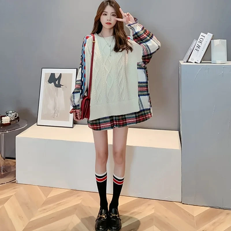 Women's 2025 Fall Winter New Arrival Oversized Lazy Style Plus Size Mid-Length Shirt Hem Patchwork Knitted Sweater Outerwear