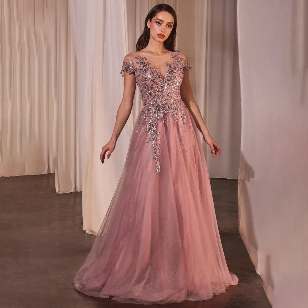 반짝이는 튤 짧은 소매 프롬 드레스 아플리케 스팽글 환상적인 크리스마스 파티 가운 우아한 정장 이브닝 드레스