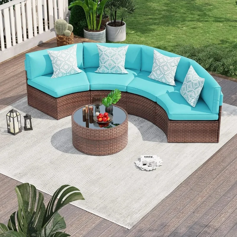 

l 5 Piece Patio Furniture Set Half-Moon Outdoor All-Weather Wicker Sofa with Coffee Table, Brown Rattan Turquoise