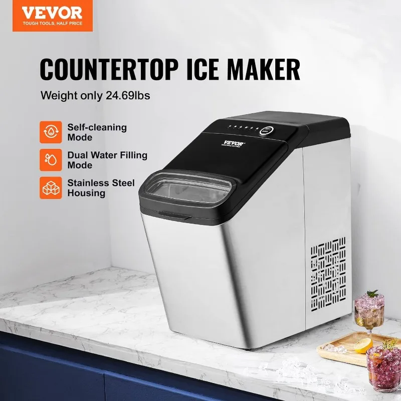 VEVOR Countertop Ice Maker, 33lbs in 24Hrs, 2 Ways to Water Inlet Self-Cleaning Portable Ice Maker with 2 Sizes Bullet Ice, Ice