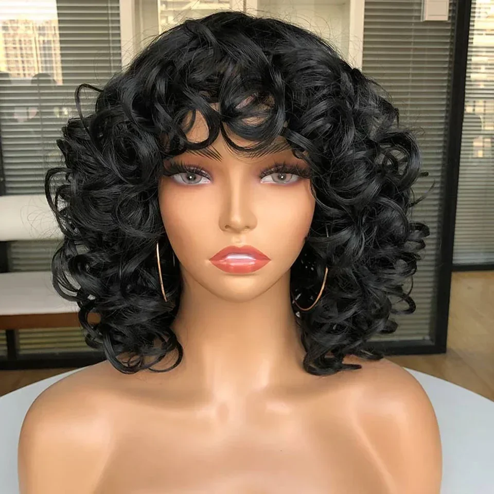 250% Bouncy Curly Bob Human Hair Wigs Loose Bouncy Rose Curly Wigs With Bangs Brazilian Remy Hair Machine Made Wig for Women