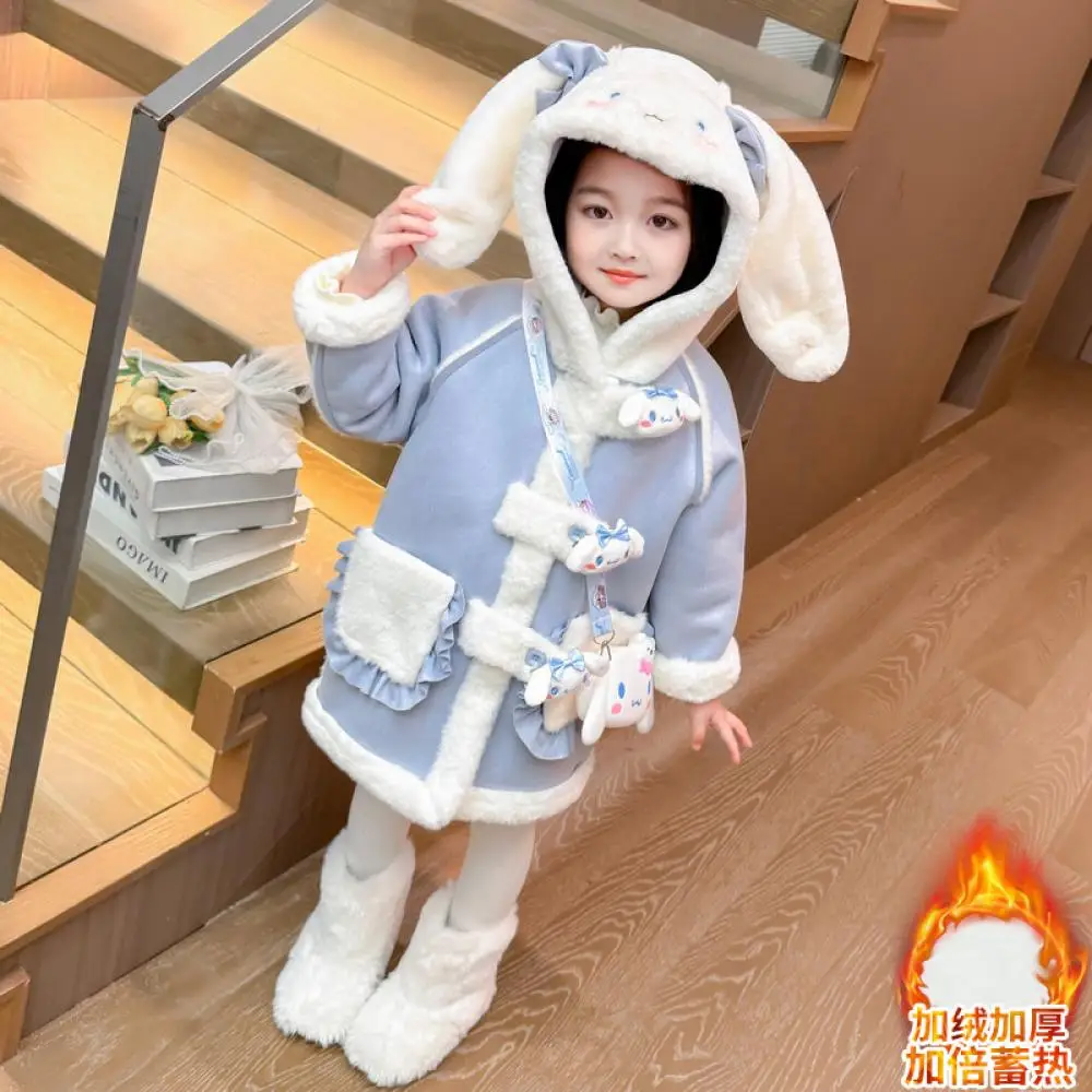 Kawaii Sanrio Kuromi Girls Coat Autumn Winter Style Medium Length Thicken Jacket Cinnamoroll Cartoon Jacket Children's Clothing