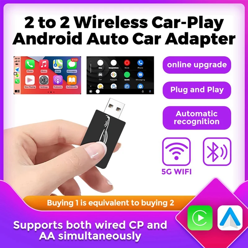 2 To 2 Wireless Carplay Adapter Android Auto Smart USB Dongle Plug & Play For Havel Kia Volvo  MG VW Hyundai Jeep