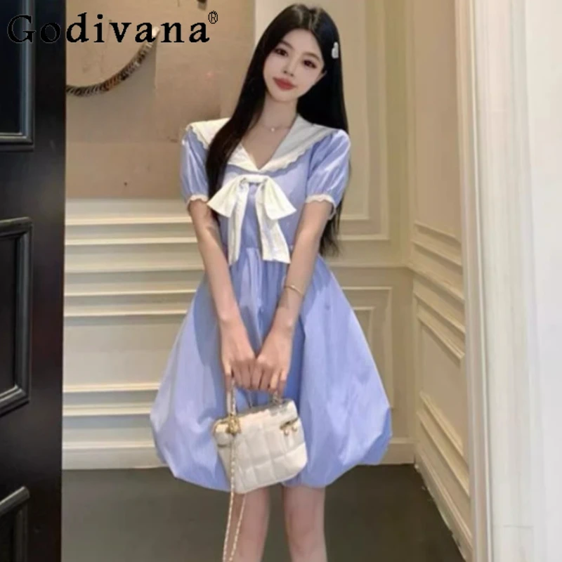 

Large Size Women Summer French Sweet Navy Collar Short Sleeve Dress Cute Bow Age-reducing High Waist A-line Versatile Dresses