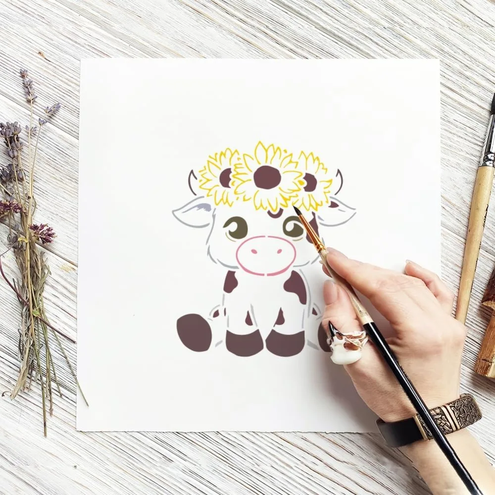 12PCS Cute Calf Painting Stencils with Paint Brush 7.9x7.9inch Flower Cow Farmhouse Drawing Templates Highland Cattle Stencils - view 4