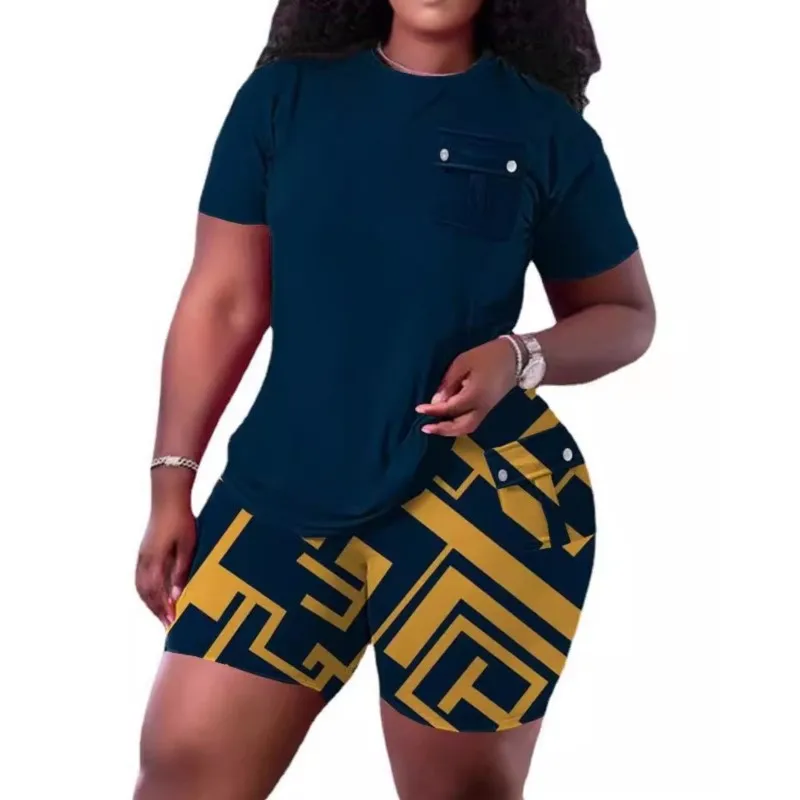 Women Two Piece Shorts Sets 2025 Summer Solid O Neck T Shirts Pockets Elastic Waist Short Trousers Suits Leisure Ladies Outfits