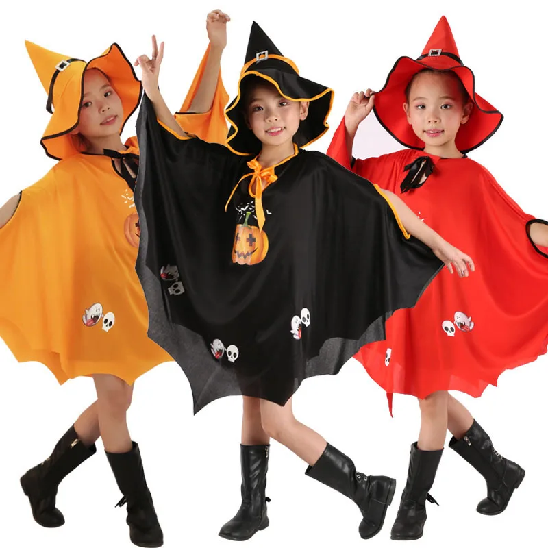 Chlidrens Cosplay Pumpkin Print Cloak Sharp Hat Costume Suit Girls Boys Halloween Masquerade Party Cosplay Performance Clothings