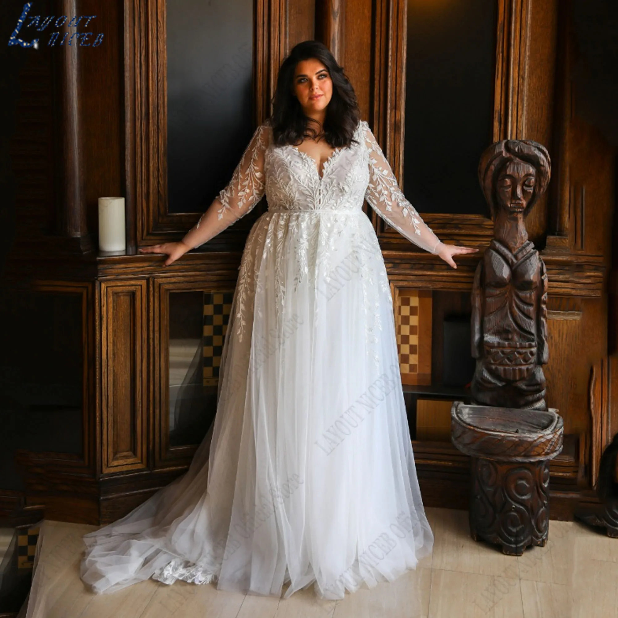 

LAYOUT NICEB Large Size Wedding Dresses Tulle V-Neck Long Sleeves Appliques Bride Gowns A-Line Backless Women Robe De Mariée