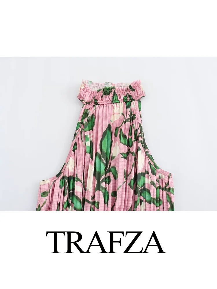 TRAFZA-Tops de colete sem mangas e calças plissadas femininas, estampadas decoradas com laço, com renda, cintura alta elegante, verão, novo, conjunto de 2 peças