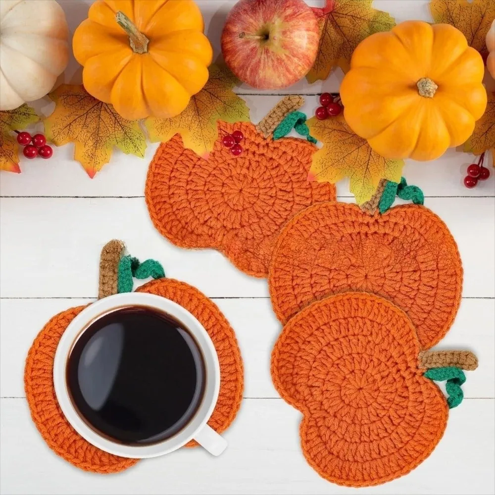 

4pcs Handcrafted Crochet Pumpkin Coasters Pumpkin Shape Handmade Craft Handmade Coasters Heat-Resistant Accessories Fall Season